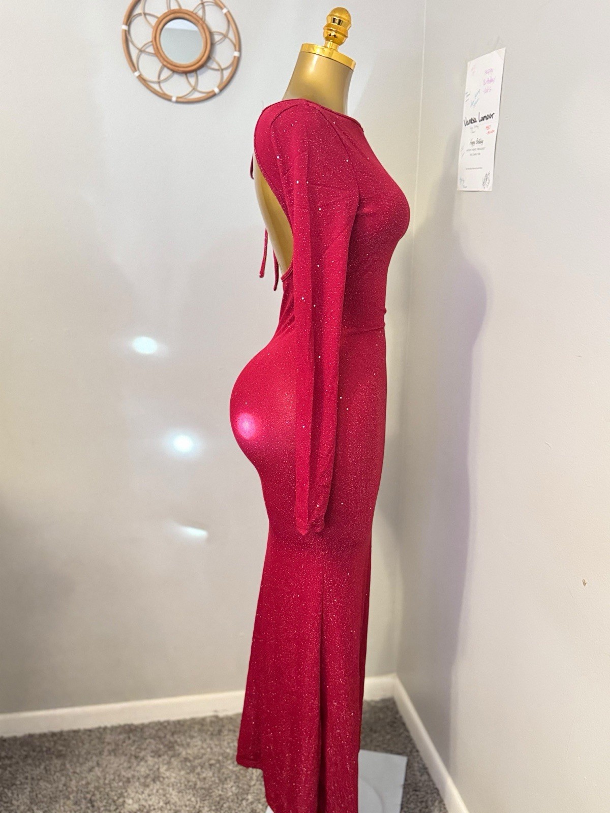 Sparkly Red Open Back Maxi Dress | Long Sleeve | Evening | Formal | Holiday