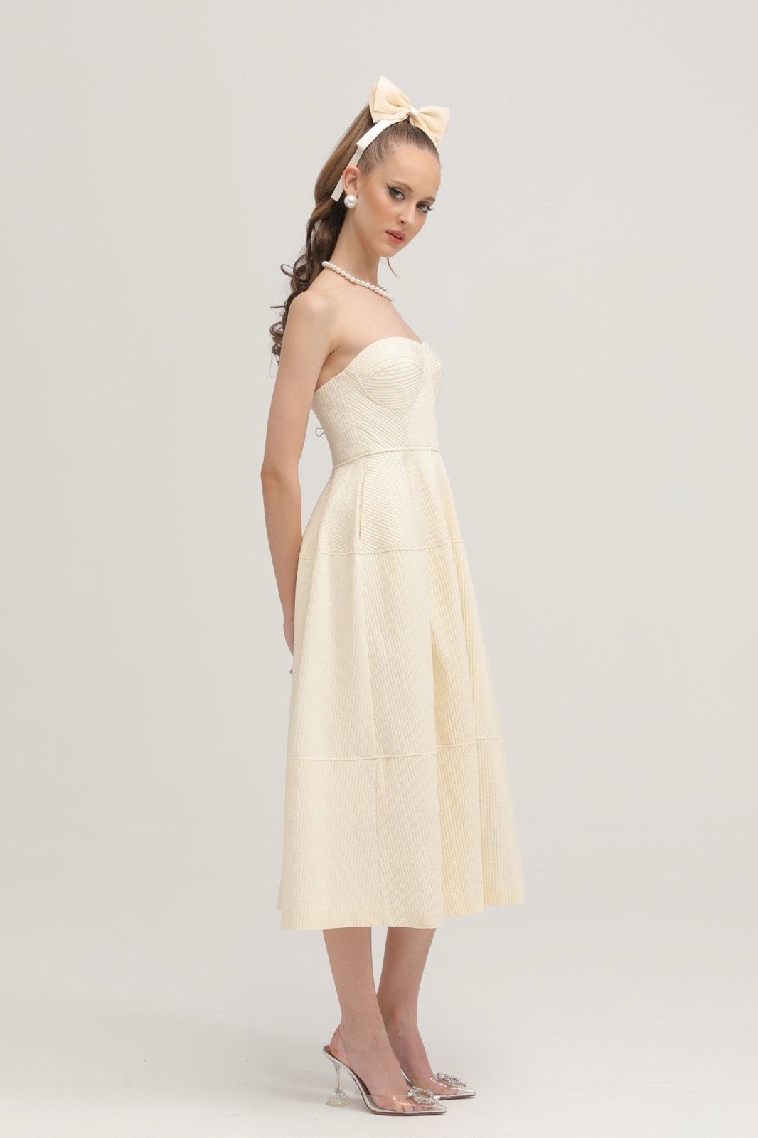 NWT MISS ROSIER Size L Neutrals Cortny Bustier style Pleated Midi Dress POCKETS