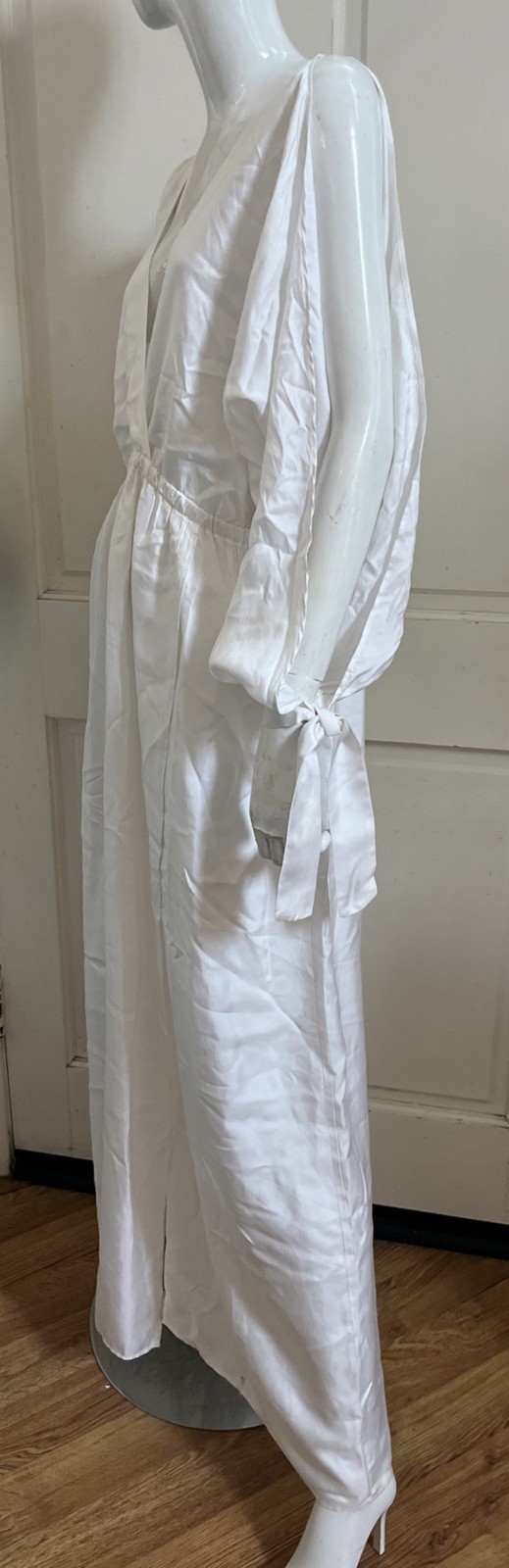 TUNICA STOLA NEW! White Flowy Silky Open/Tied Balloon Sleeve Maxi Dress O/S