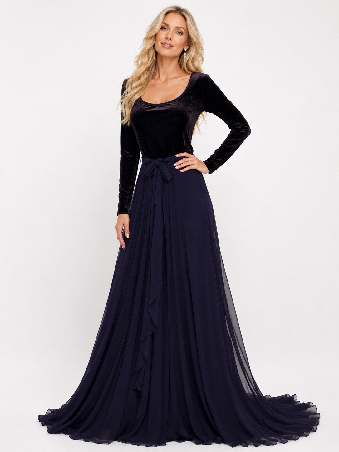 Dana Buchman Size 12 NWT Velvet Bodice Long Sleeve Tie Waist Evening Gown