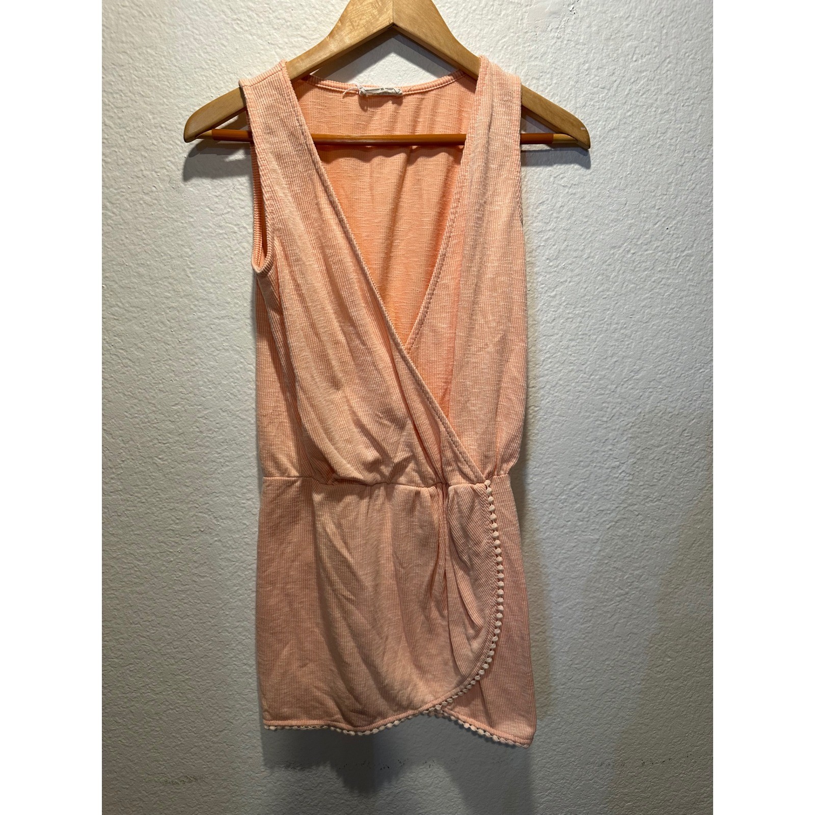 Lulu Sage The Label Peach Ribbed Sleeveless Wrap Dress Pom Pom Trim XS