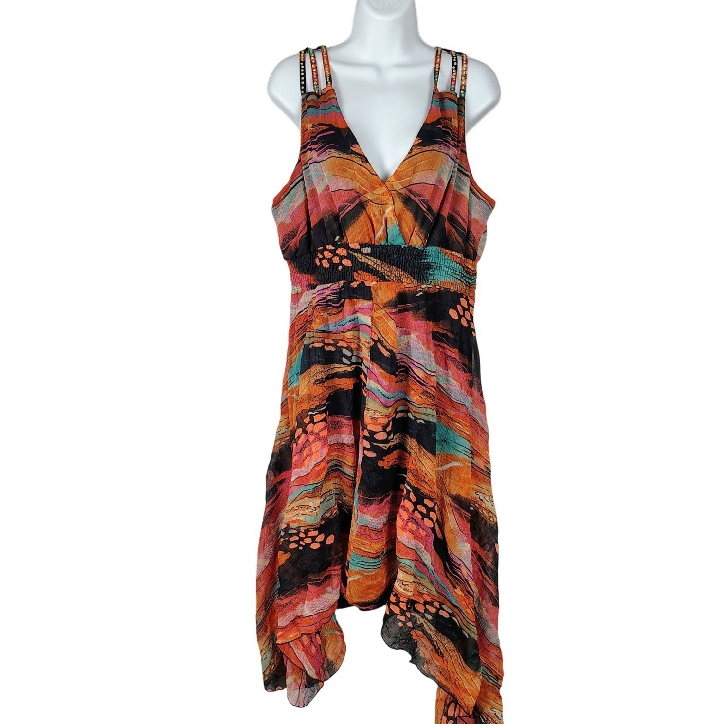 Jessica Taylor 1X Abstract Studded Strap Handkerchief Hem Dress southwestern