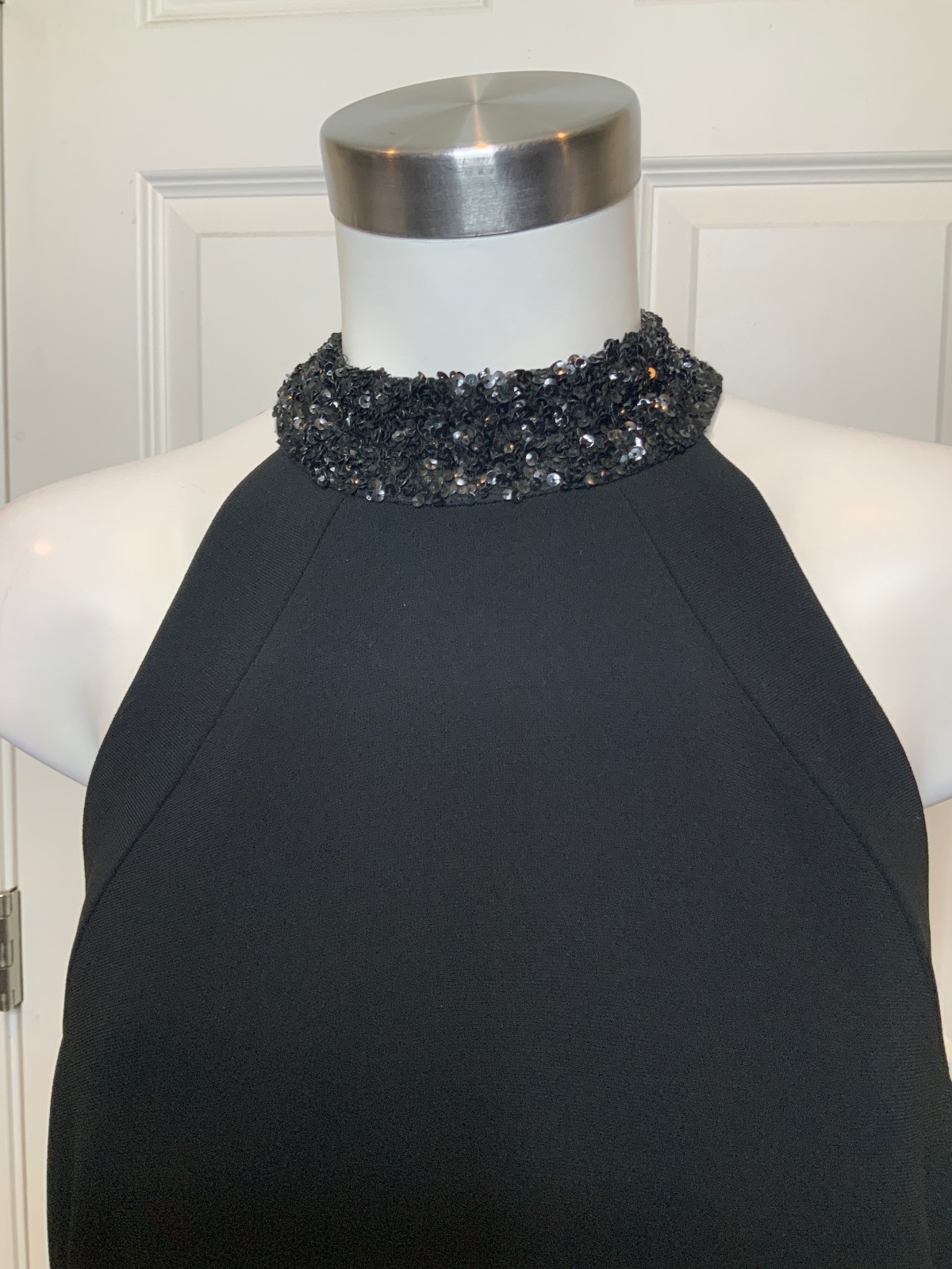 Theia Jewel Neck Sequin Trim Mini Little Black Dress $795, Size M