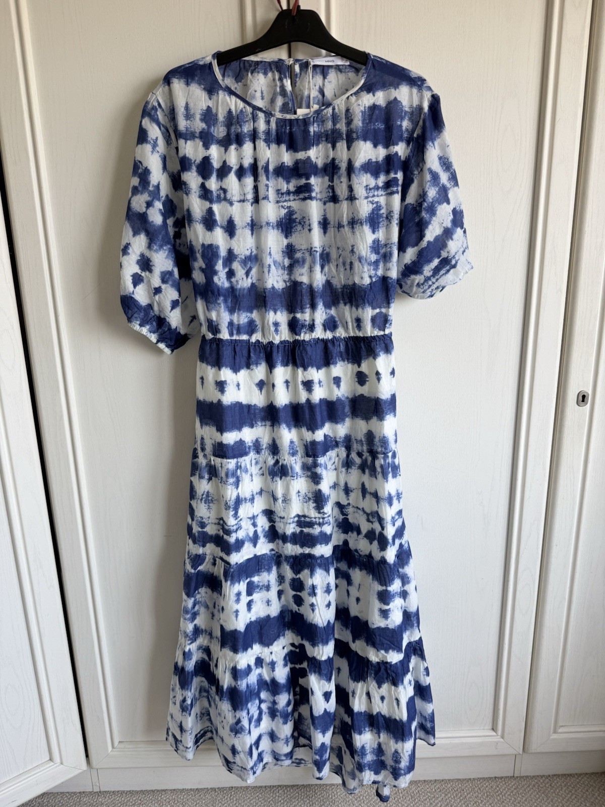 Mango MNG Blue Tie Dye Cotton Dress Open Back Cut Out Midi Dress