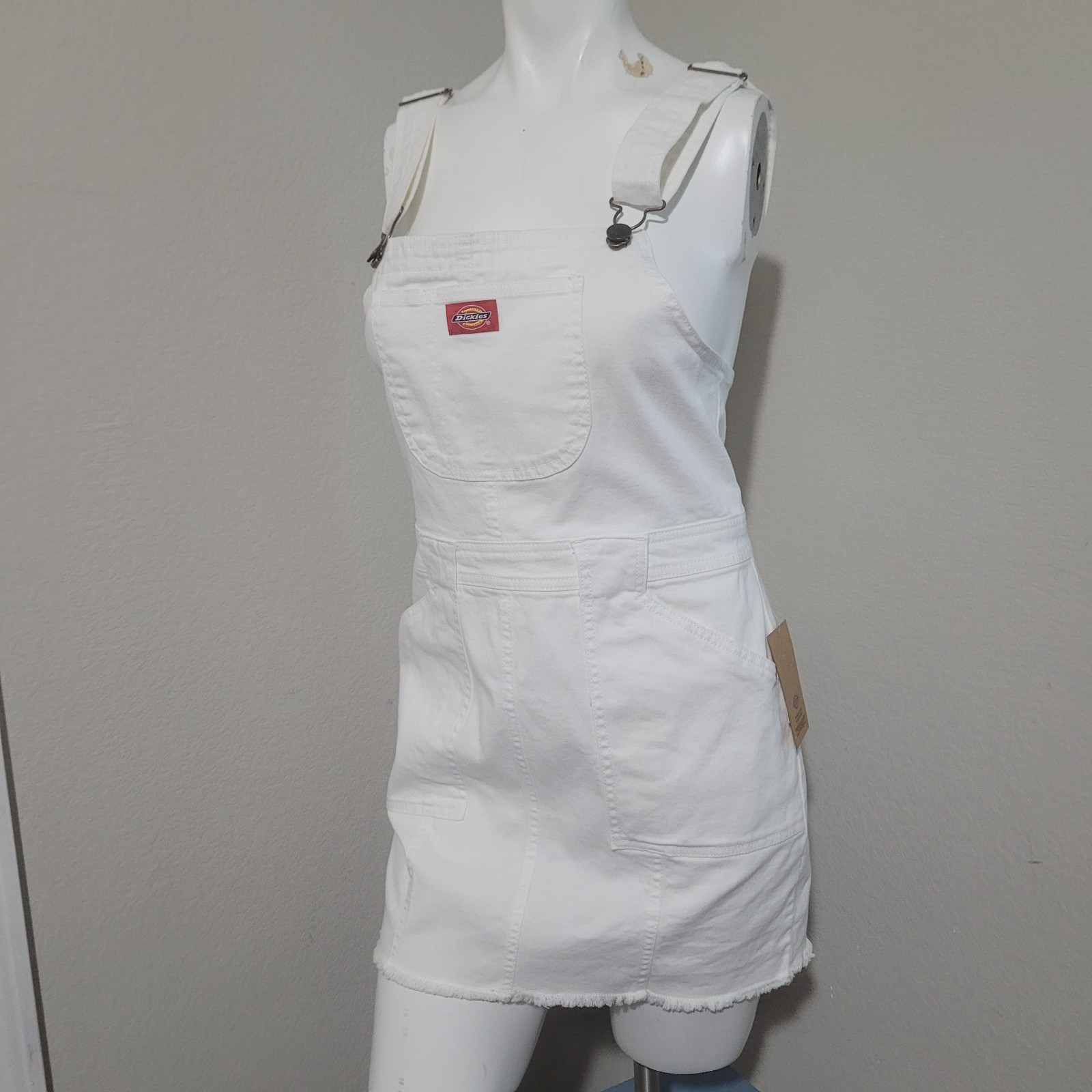 New Dickies Small dress Juniors’ White Frayed Pocketed Bib Overall Sleeveless