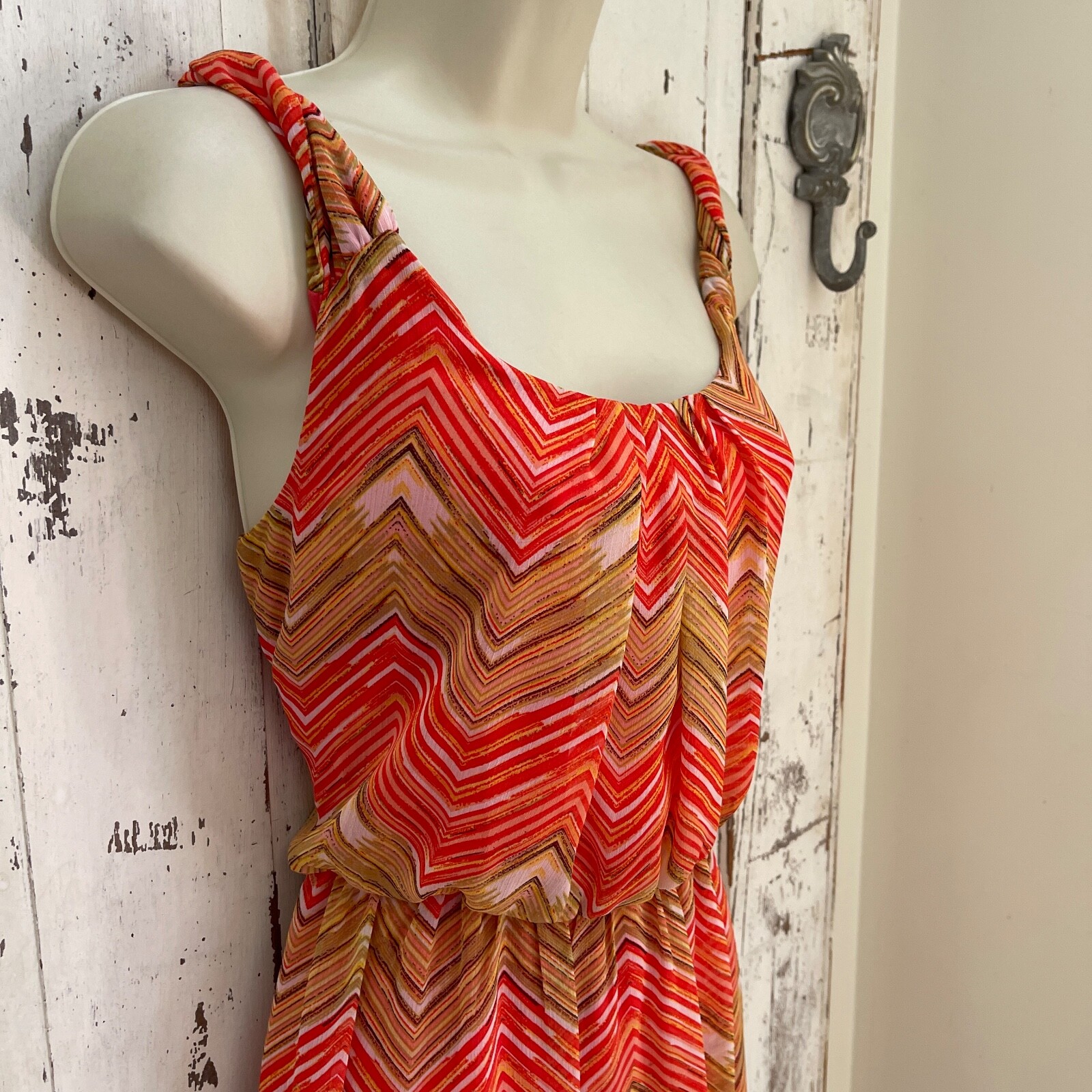 AB Studio Size Small Womans Pink Yellow Red White Brown Chevron Sundress Dress