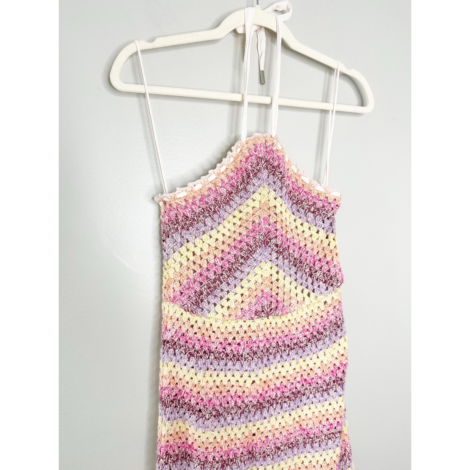 Saylor Freida Pastel Crochet Halter Ruffle Hem Cotton Midi Dress Small