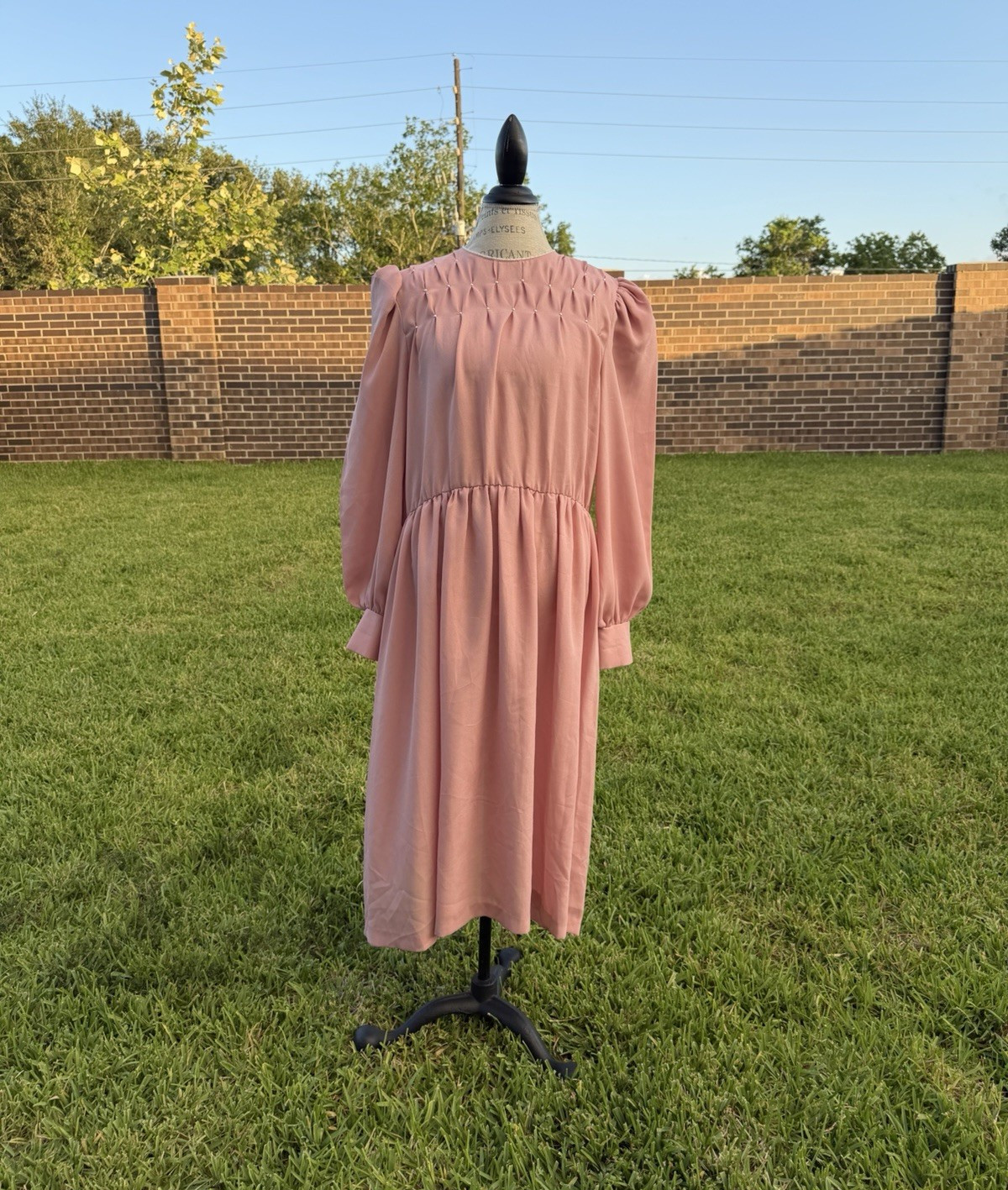 Terri Ellen Pink Solid Midi Dress Round Neck Puff Sleeve Beaded Zip