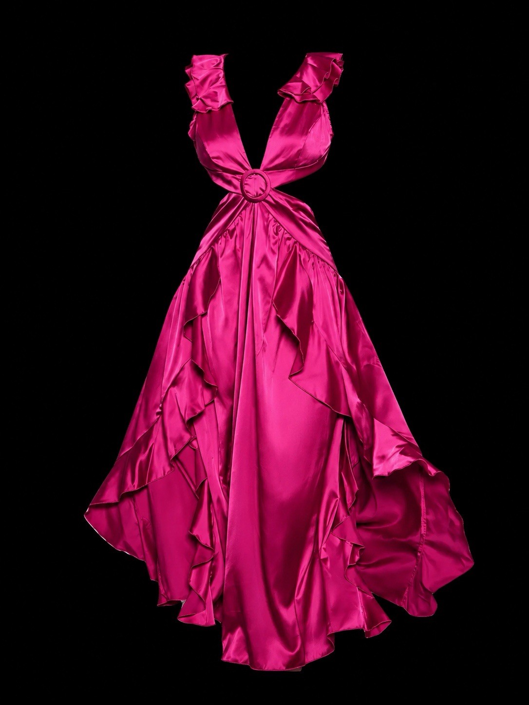 Shien Pink Plunging Buckle Detail Ruffle Trim Lace Up Backless Dress Size Large