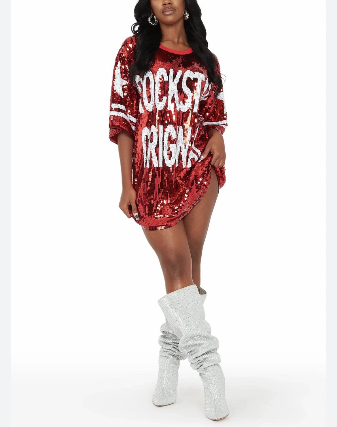 ROCKSTAR ORIG Game Day Red Sequin Mini Dress Football Jersey Oversized Sz OS