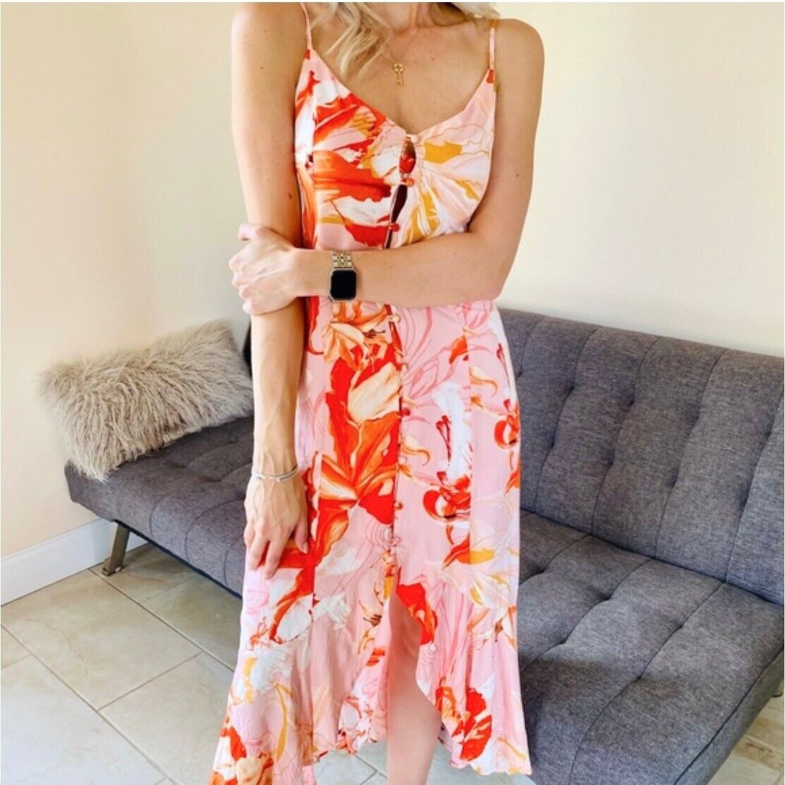 ABEL THE LABEL Lola Flower Bomb Midi Dress Sz M Flounced Hi Low Cutout Back Pink