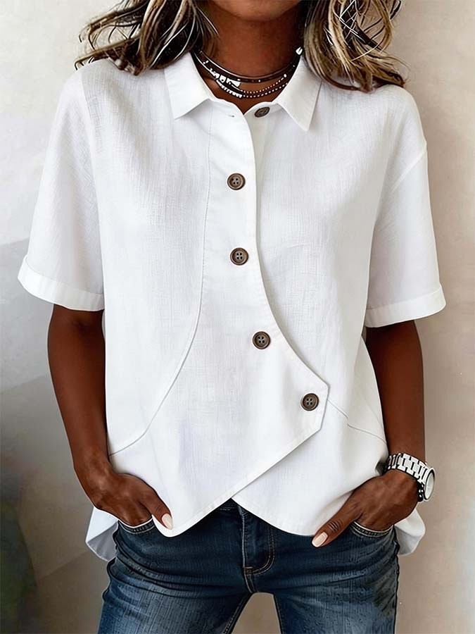 Womens Casual Solid-color Irregular-button Blouse Loose-fit Short Sleeves