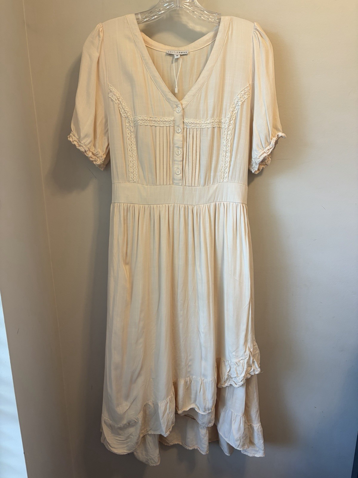 Baltic Born Women’s Cream Midi Dress Size M Puff Sleeve Smocked Cottagecore Boho