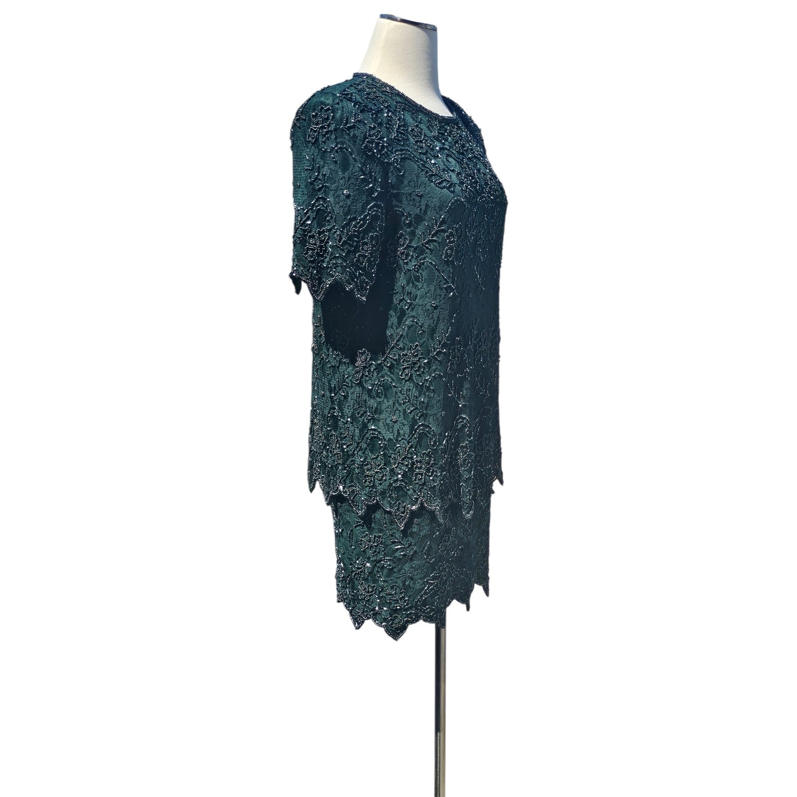 Vintage Brilliante By J.A. 80’s Glam Sequin Lace Green Beaded Dress Sz LP