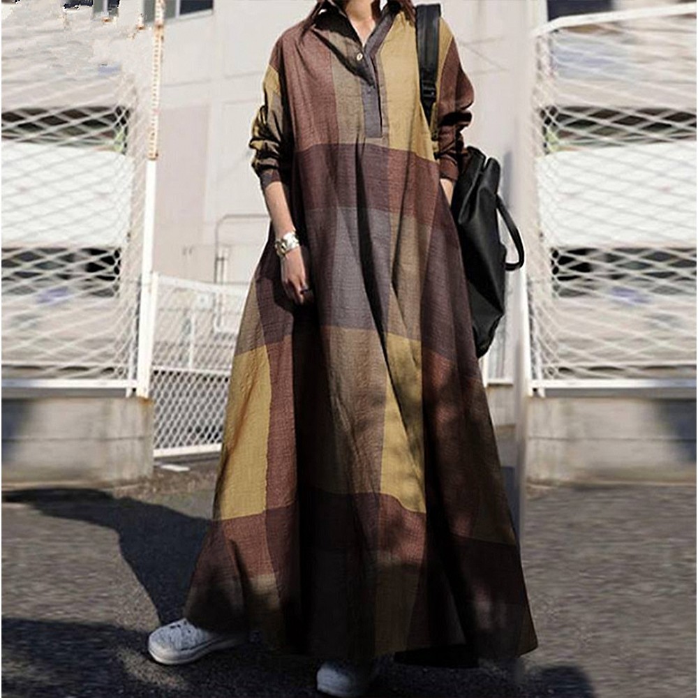 Spring Autumn Plus-Size Women Solid Casual Loose Cotton Linen Kaftan Shirt Dress