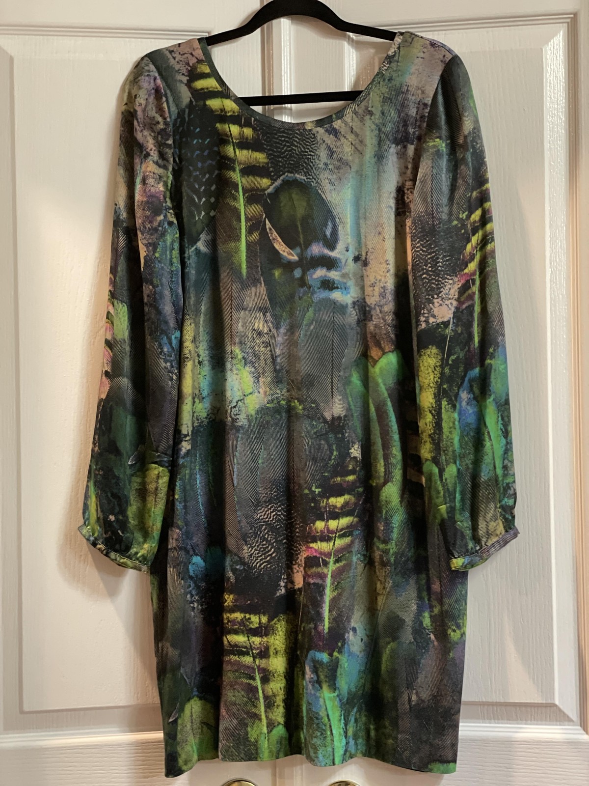 Cluny Dress Womens Large Multicolor Abstract Shift Long Sleeve Silk Modal Lined