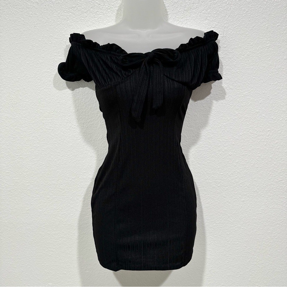 charlotte russe black ribbed off the shoulder ruffle front tie bodycon dress