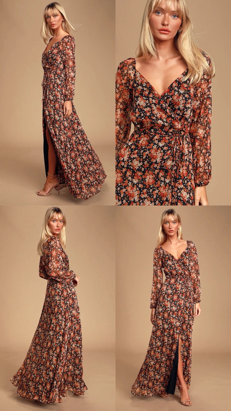 Lulus Floral Chiffon Wrap Maxi Dress Black Orange Red Long Sleeve Size M