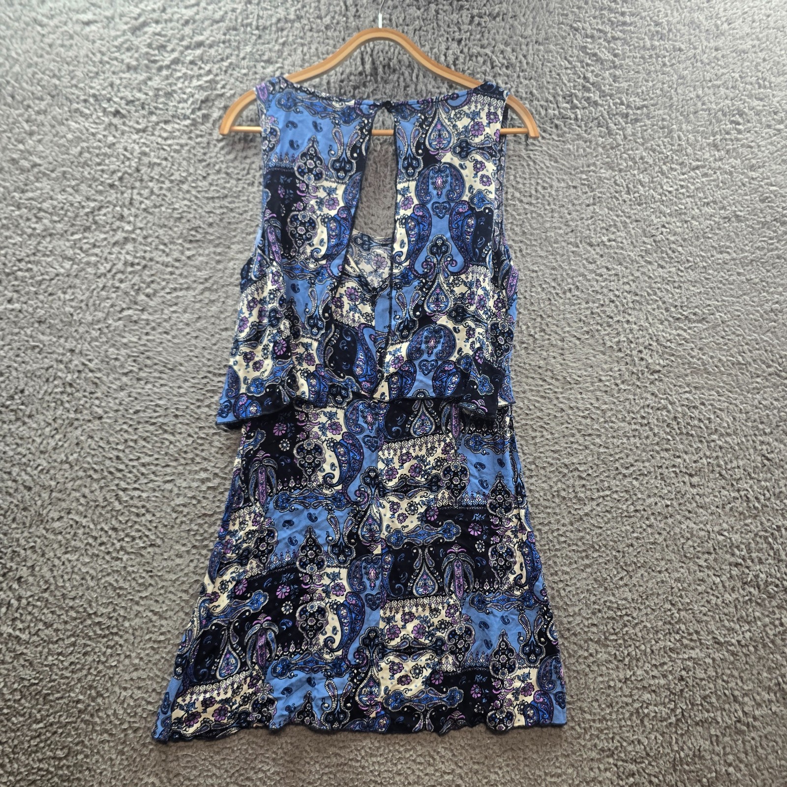 Ghanda Dress Womens A-line Mini Size M Blue Ivory Paisley Layered Sleeveless