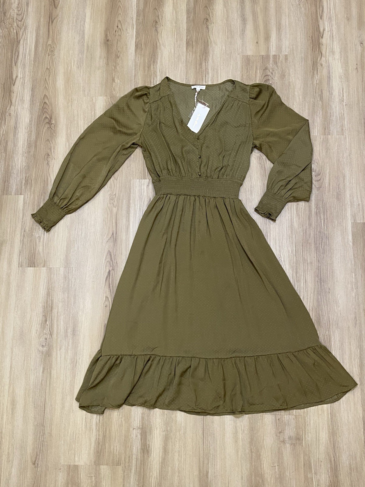 By The River Women’s L Olive Green Swiss Dot Midi Dress Smocked Waist Boho