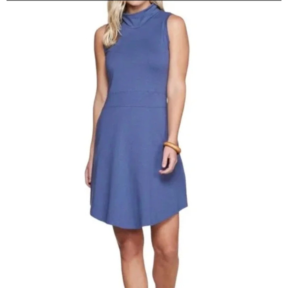 Toad & Co Sleeveless Mock Neck Organic Cotton Dress Casual Fit & Flare Blue Sz S