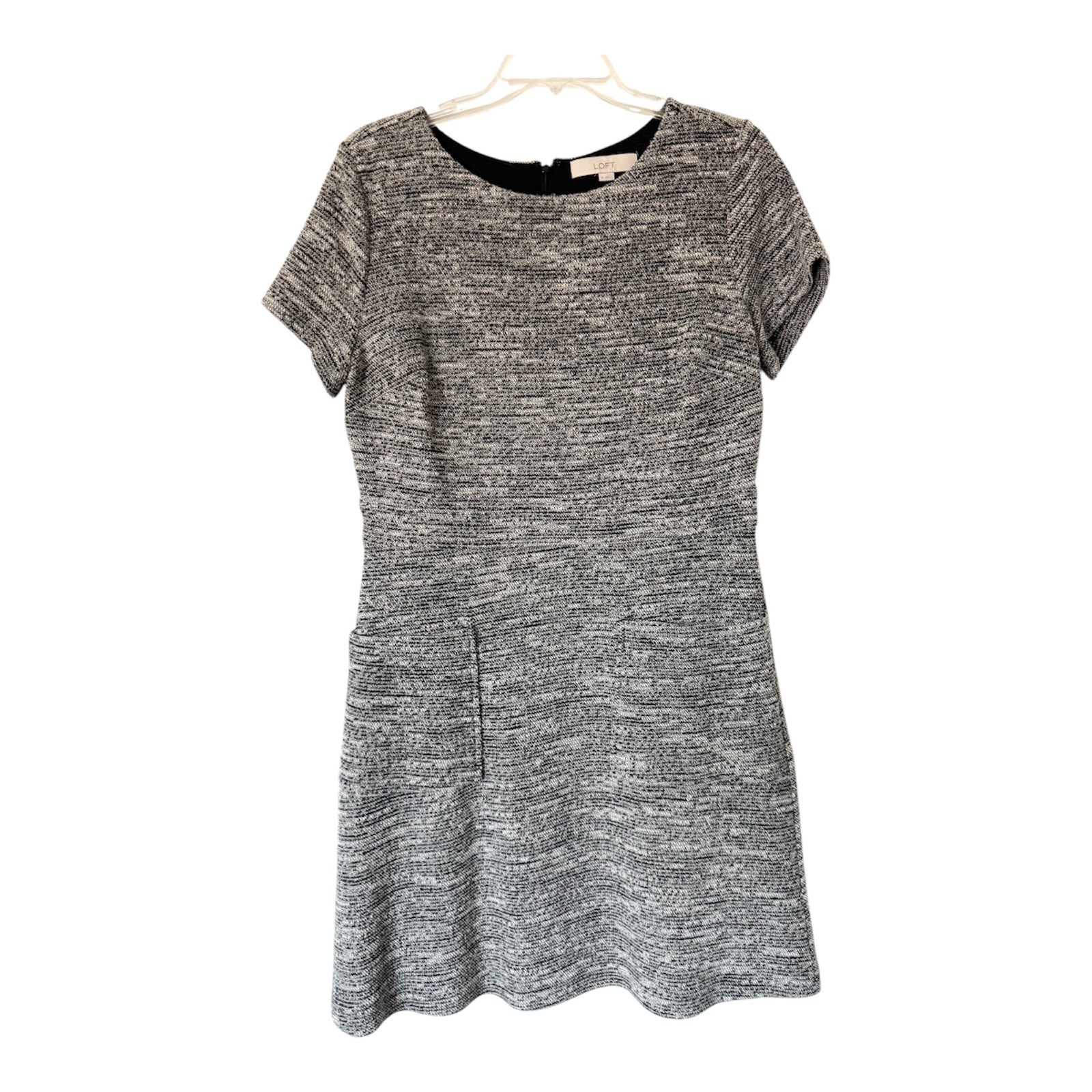 LOFT Women Black White Short Sleeve Shift Front Pockets Mini Dress (Size 12)