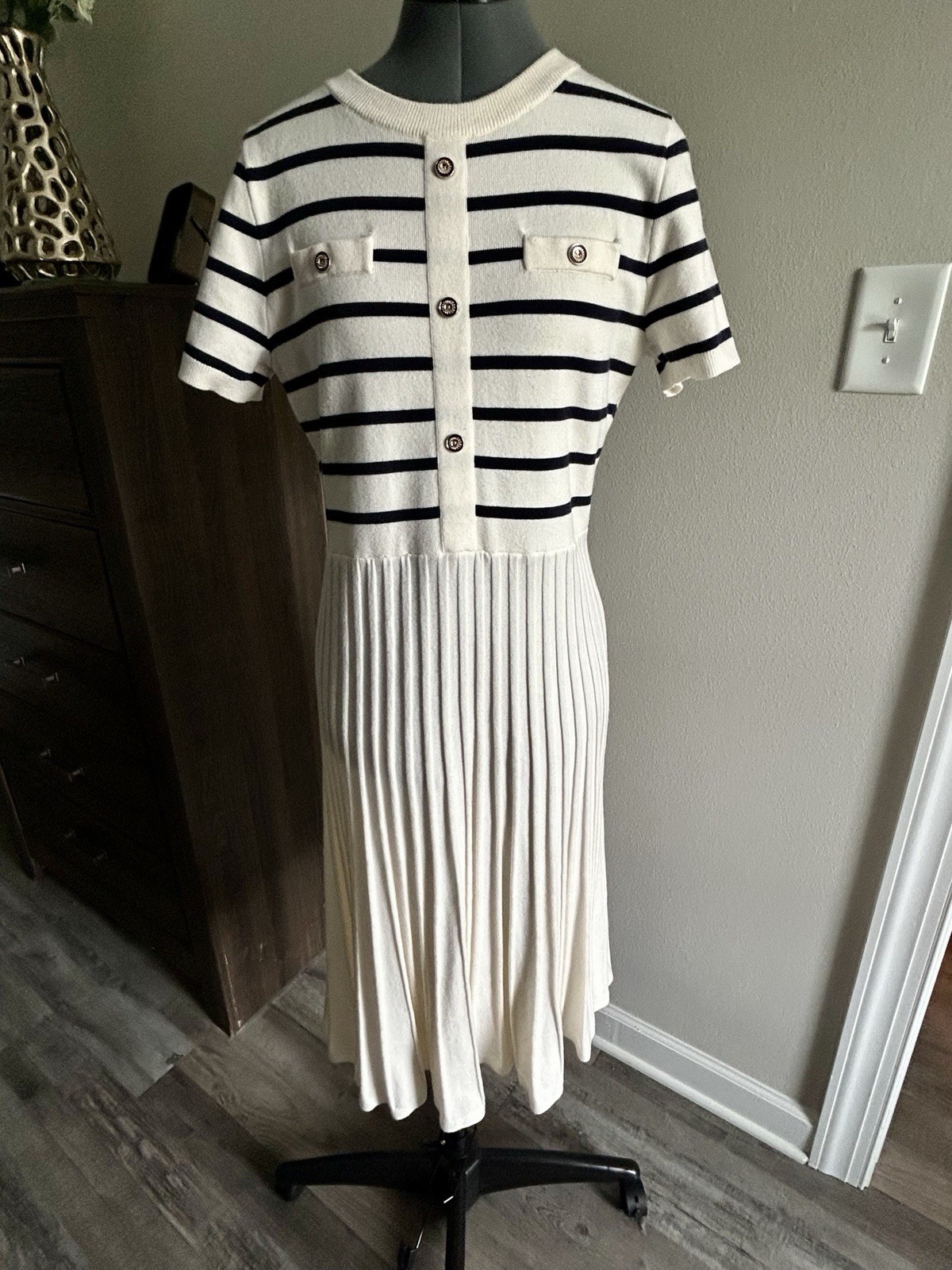 Women’s preppy knit midi dress ivory and navy with gold buttons.