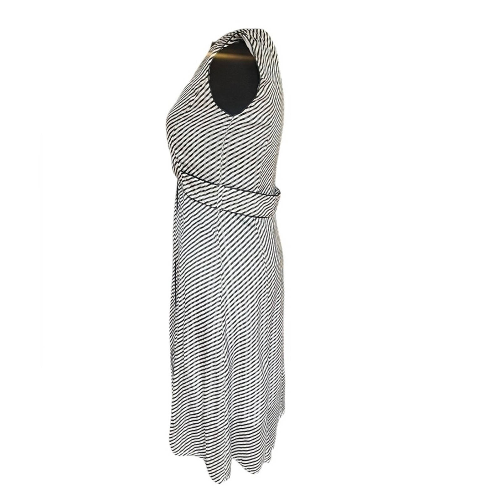 Deborah Lyons Ashley Midi Dress 2 Black Striped Crepe Luxury Old Money Ladylike