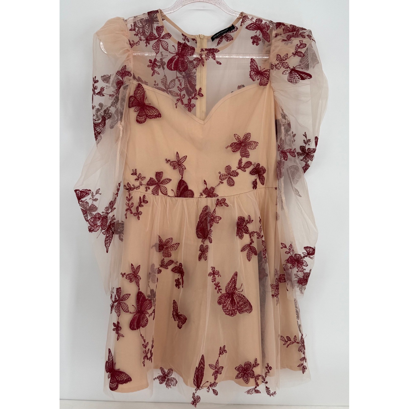 Double Crazy Womens Butterfly Embroidered Mesh Puff Sleeve Mini Dress Nude Sz L