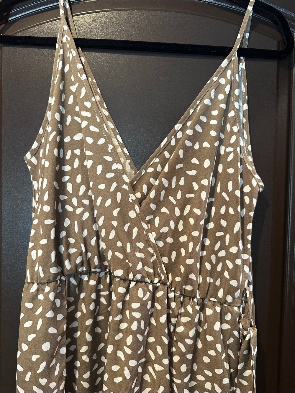 Brown and White Spotted Maxi Dress with Slits Size L