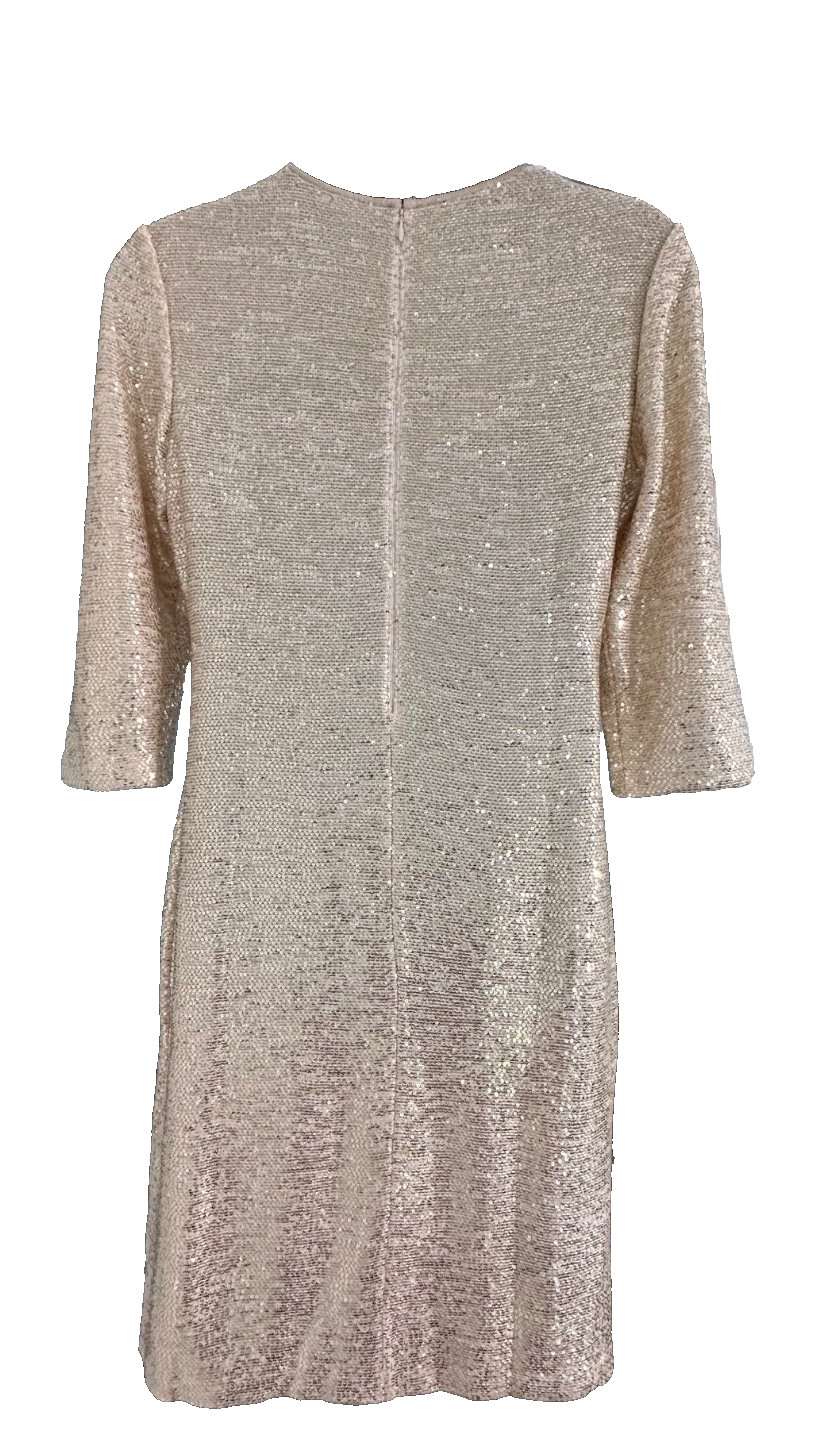 NWT St. John Gold Asymmetrical Neck Sequin Knit Cocktail Dress Size 14 MSRP $950