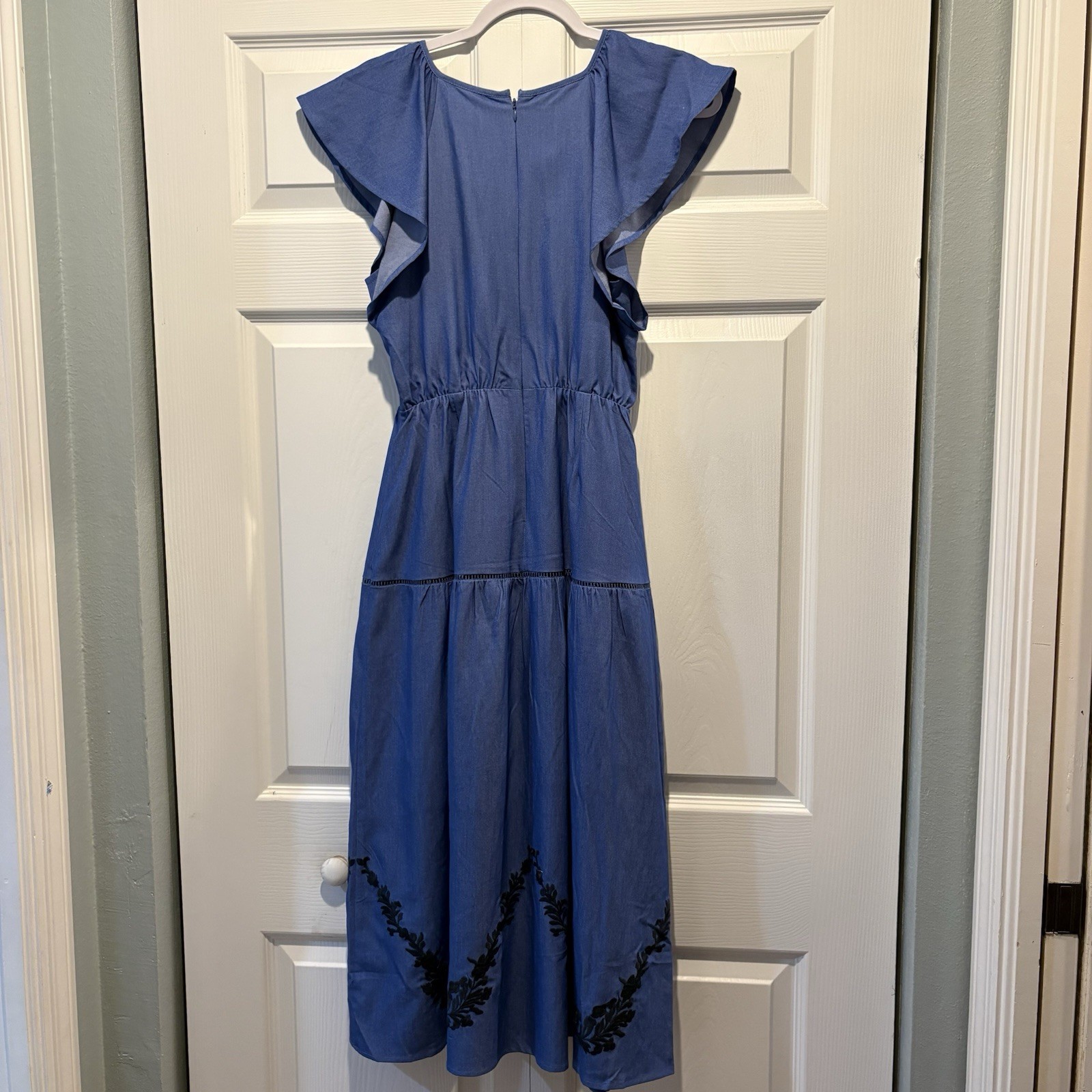 Lost + Wander Blue Embroidered Flutter Sleeve Floral Midi Dress Boho Sz XS NEW