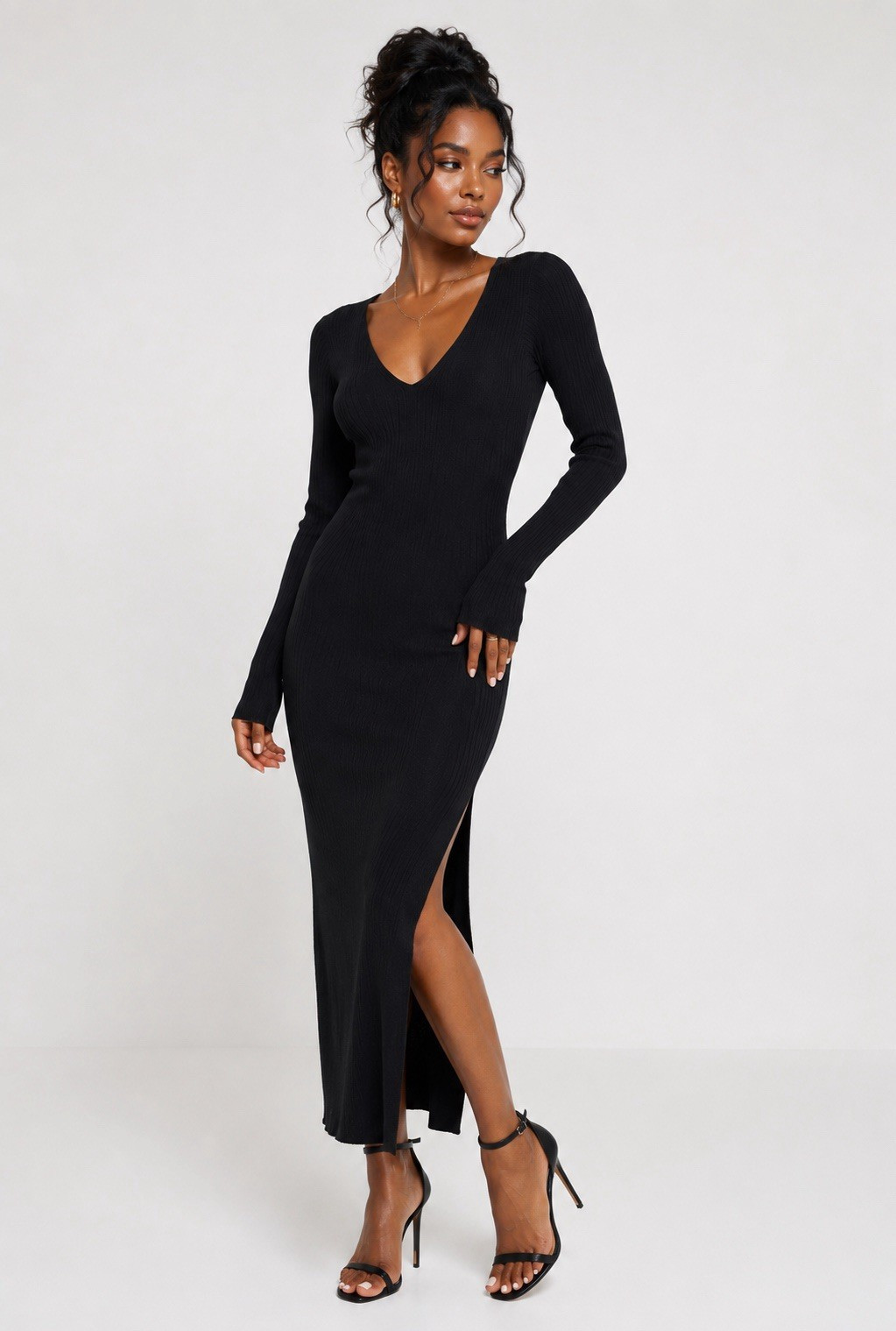 ASOS DESIGN Black Rib Knit V-Neck Long Sleeve Maxi Dress Side Slit Petite US 0