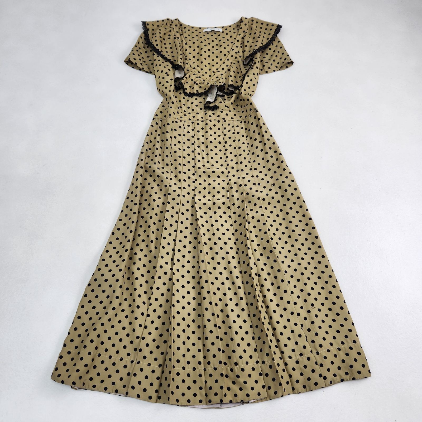 PRADA Long Dress Flared Retro Dot Pattern Frill Collar Size 40 L