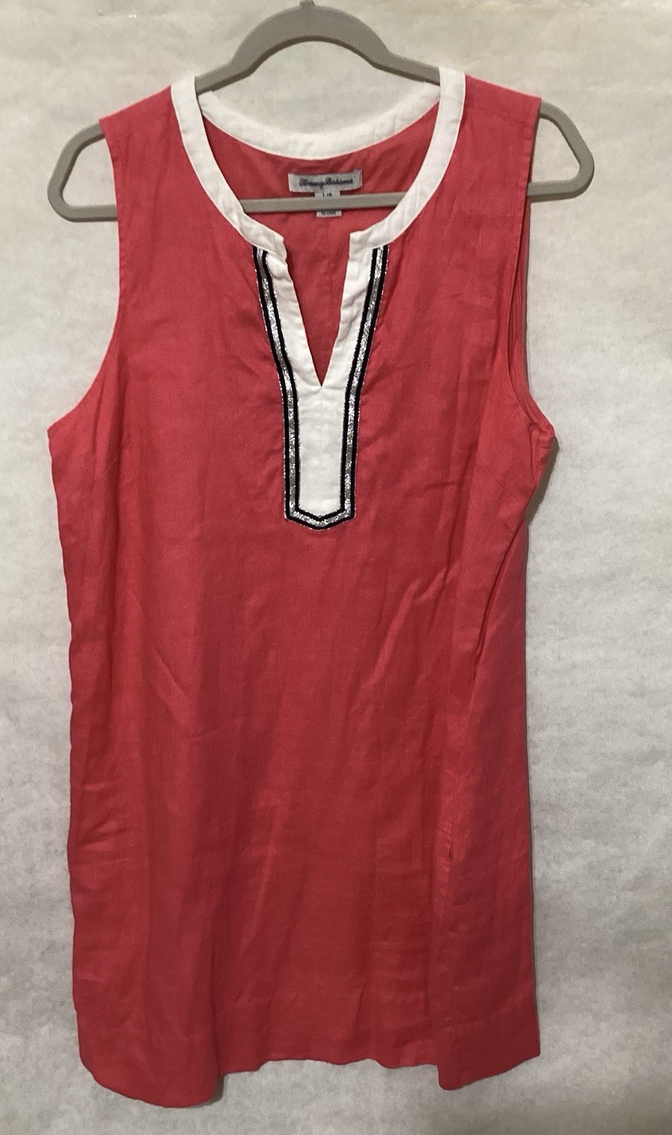 Tommy Bahama Coral Linen Dress Sequin V-Neck Sleeveless Shift Lined Women’s L