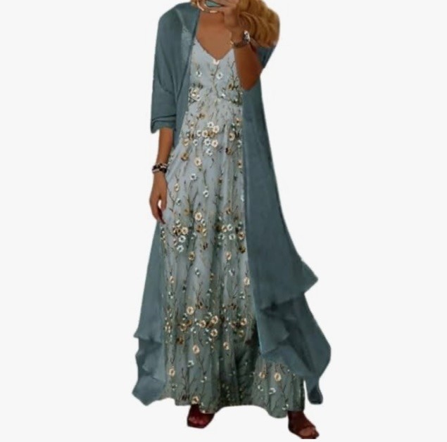 Aqua Floral Maxi Dress 2 Piece XL Blue Teal Brown Neutral Chiffon Shawl NWOT