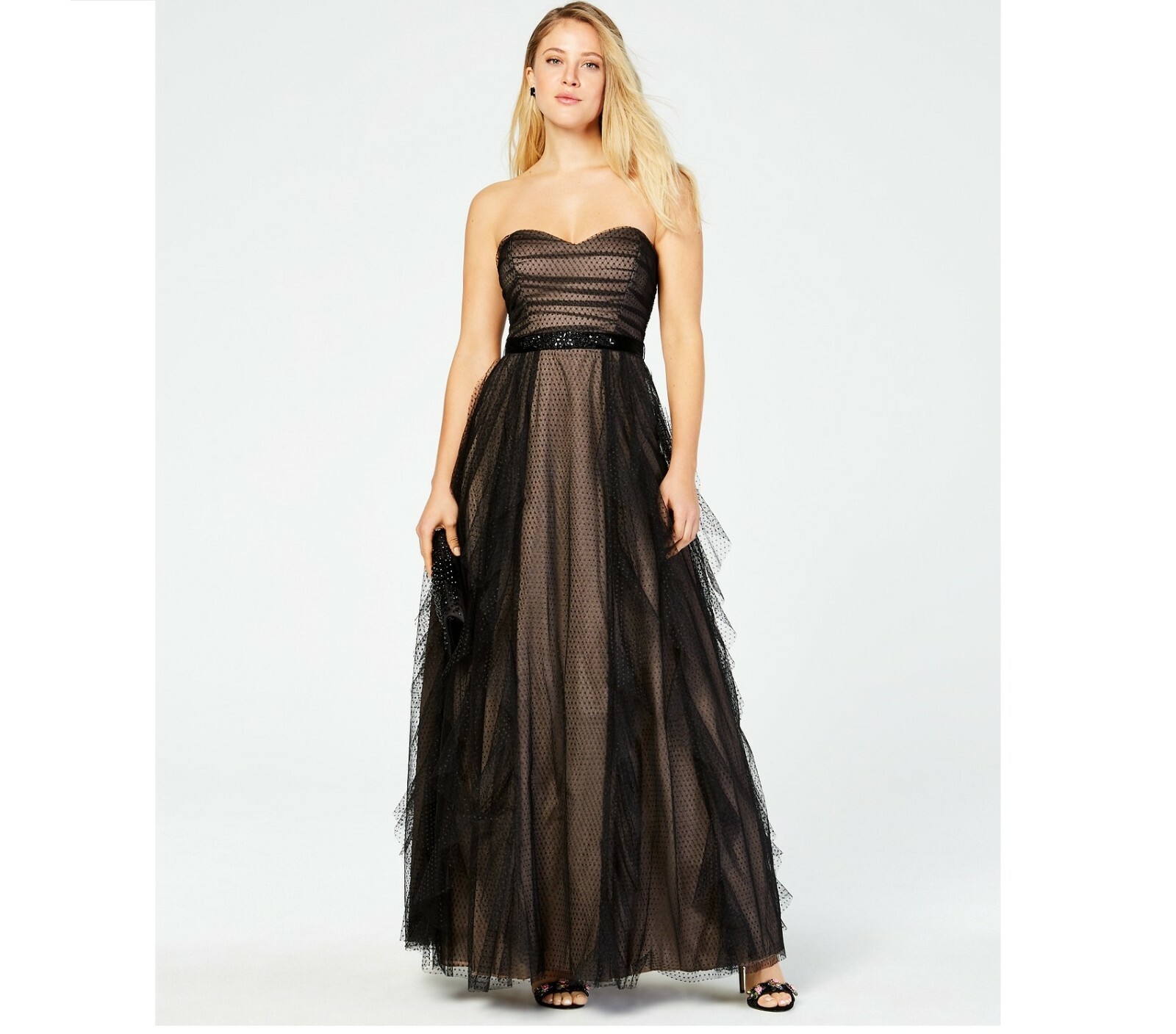 Teeze Me Junior Womens 0 Black Nude Strapless Swiss Dot Mesh Layered Gown NWT