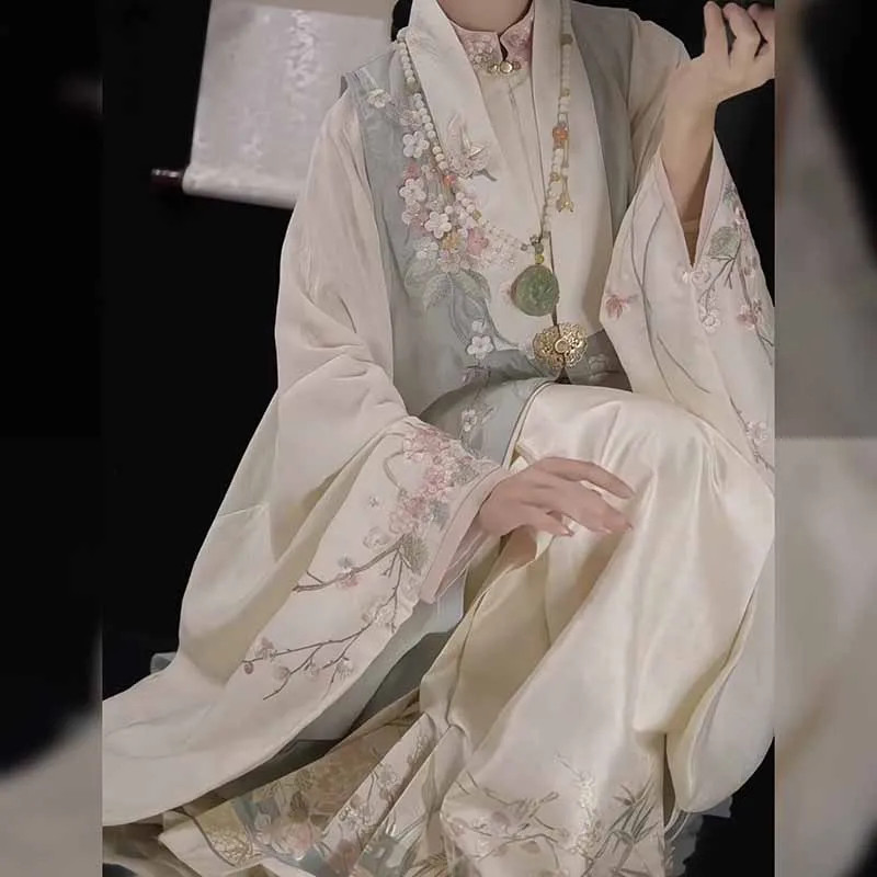 Face Skirt 3pcs Suits Hanfu Chinese Embroidered Green Long Coat Plus Size