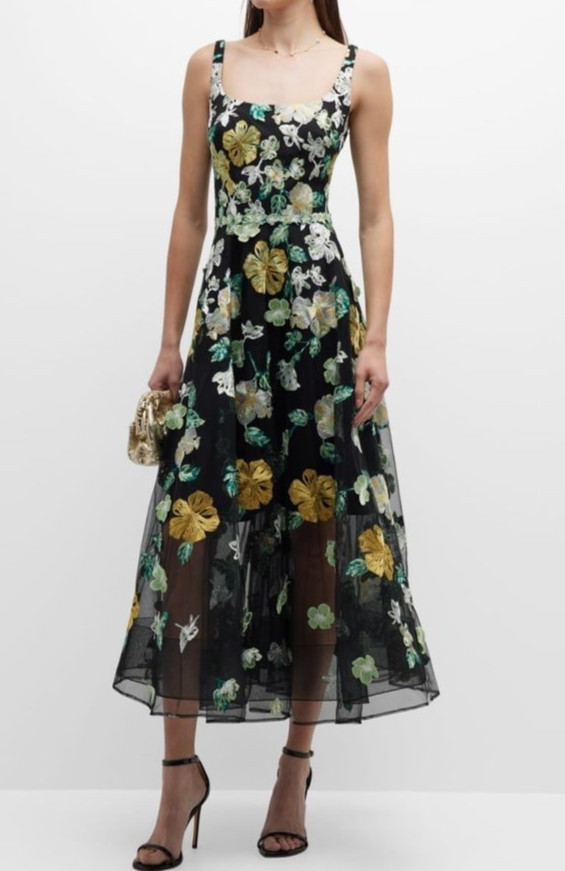 Marchesa Notte Size 6 Black Floral Appliqué Embellished Midi Cocktail Dress $895