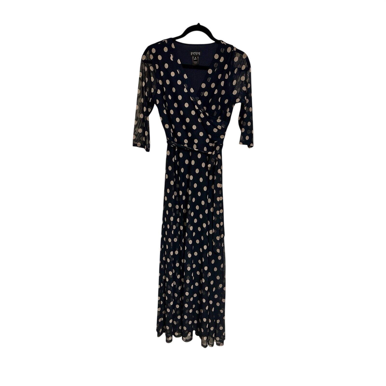 Enfocus Studio Womens Navy Blue Polka Dot Mesh Wrap Maxi Dress Size 8