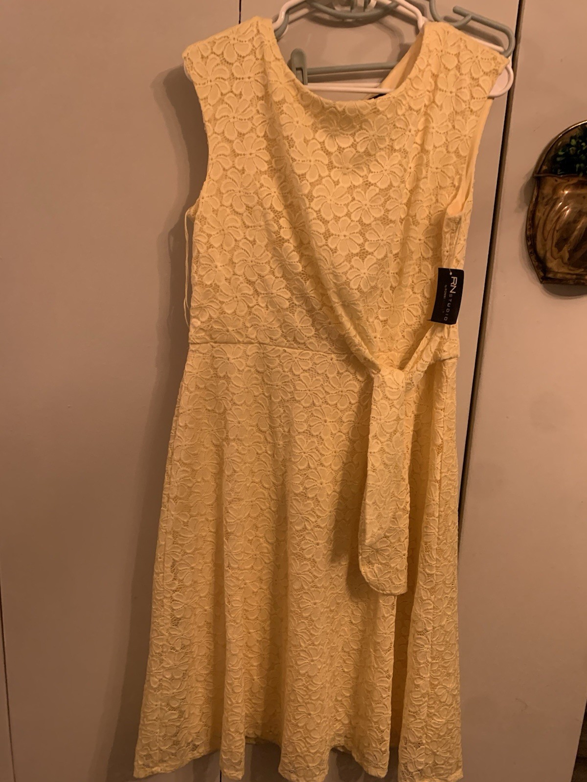 Rn Studio Womens Plus Size 12 Lined Yellow Lace Side Tie Dress NWT