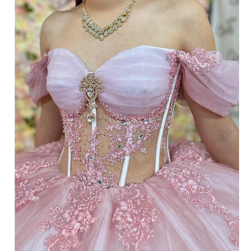 Blush Off Shoulder Sheer Corset 3D Floral Quinceanera Ball Gown Sweet 16 Dress