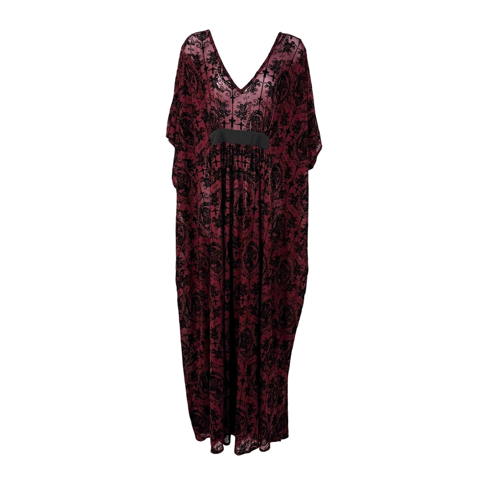 Unique Vintage Kaftan Maxi Dress OS Sheer Velvet Burnout Skull Cross Witchy Goth