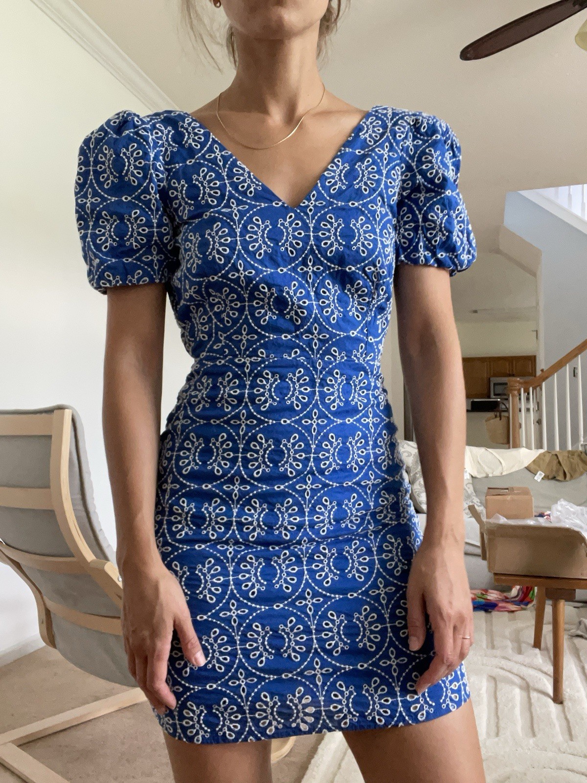 Mango Blue/White Embroidered Puff Sleeve V-Neck Tie Mini Dress XXS Cotton