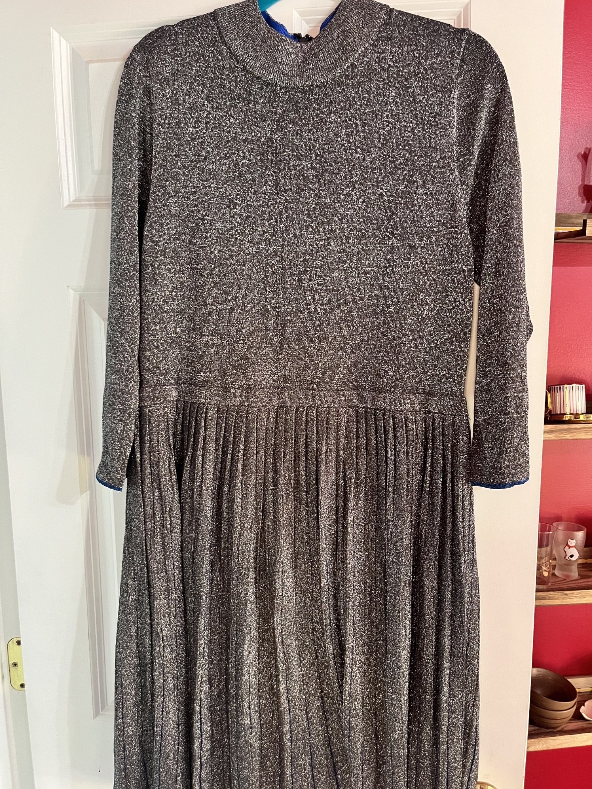 Ted Baker London Metallic Silver Pleated Knit Midi Dress Women’s Size 5 XL