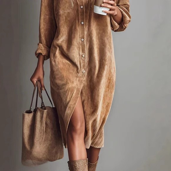 Turn-Down Collar Buttons Chic Casual Dress, Women Spring Autumn Solid Simple Par