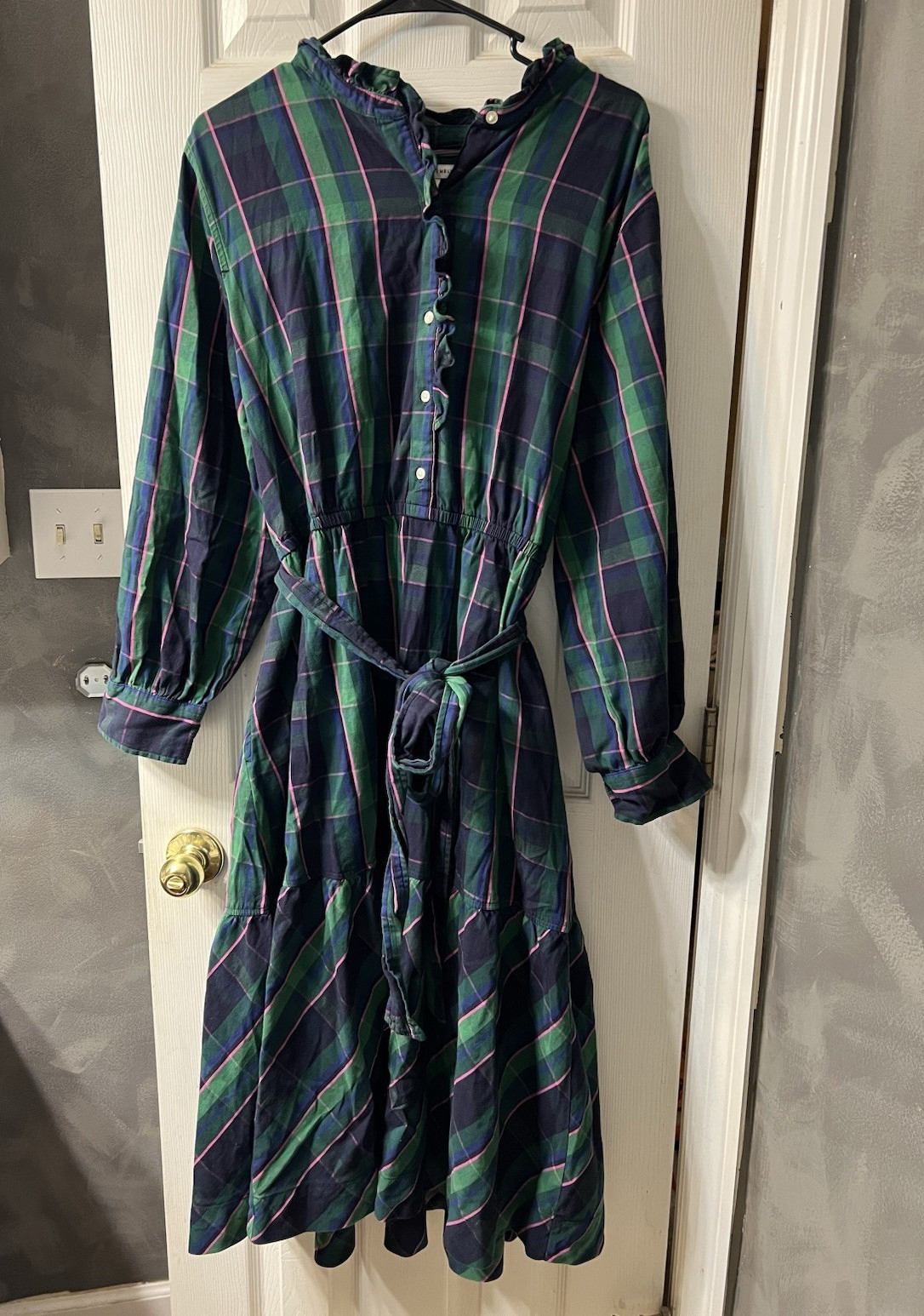 Women’s Plus Size XXL Green Navy Pink Plaid Shirt Dress, Tie Waist