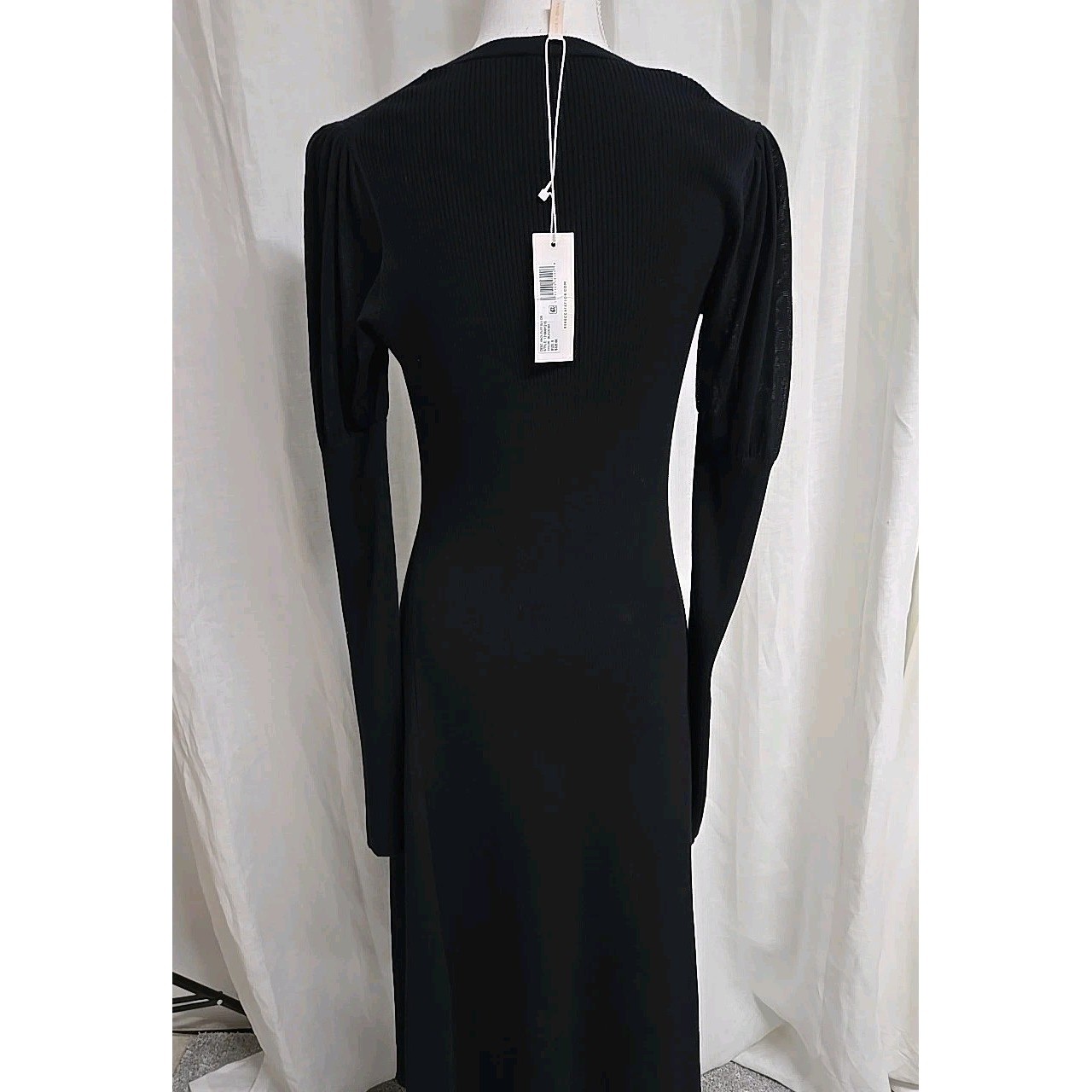 REBECCA TAYLOR Ribbed Knit V-Neck Puff Sleeves Midi Dress Stretch Black Size S