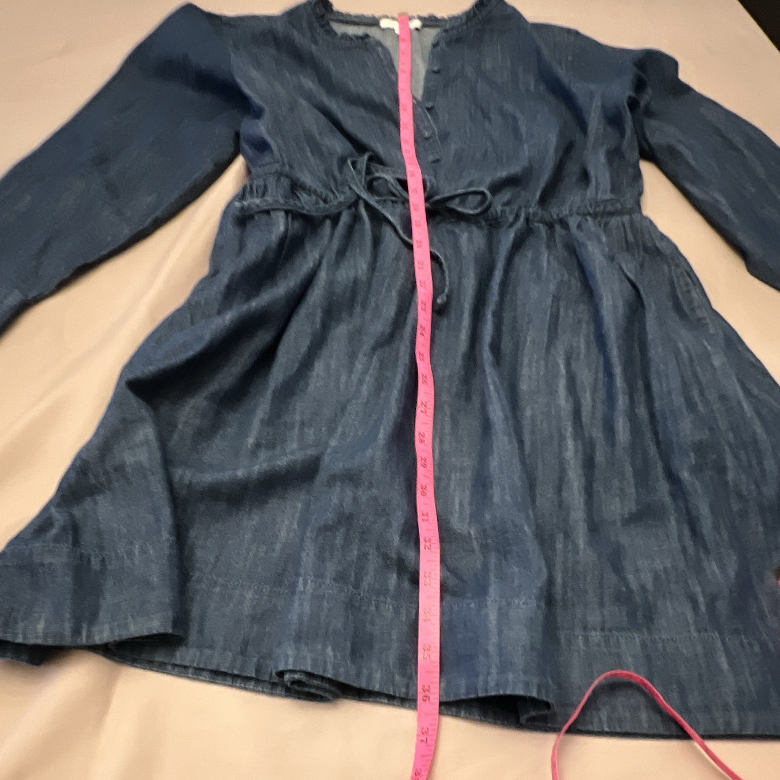 Free Assembly Blue Solid Denim V-Neck Pockets, Long Sleeve Fit & Flare Knee, LRG