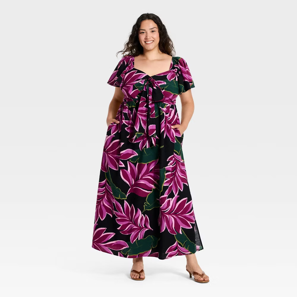 Women Plus Flutter Short Sleeve Tie-Front Maxi Summer Dress – Ava &